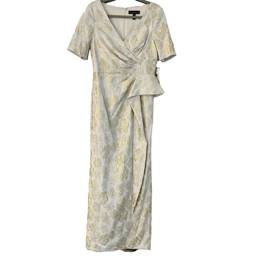 Aidan Mattox NWT V-Neck Pleated Bodice Jacquard Long Gown Ivory & Gold Sz 8 - Picture 3 of 15